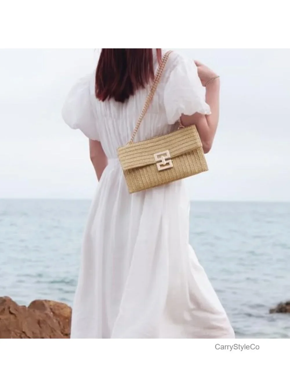 Women's Woven Straw Clutch Purse with Chain Shoulder Strap - Beach & Summer